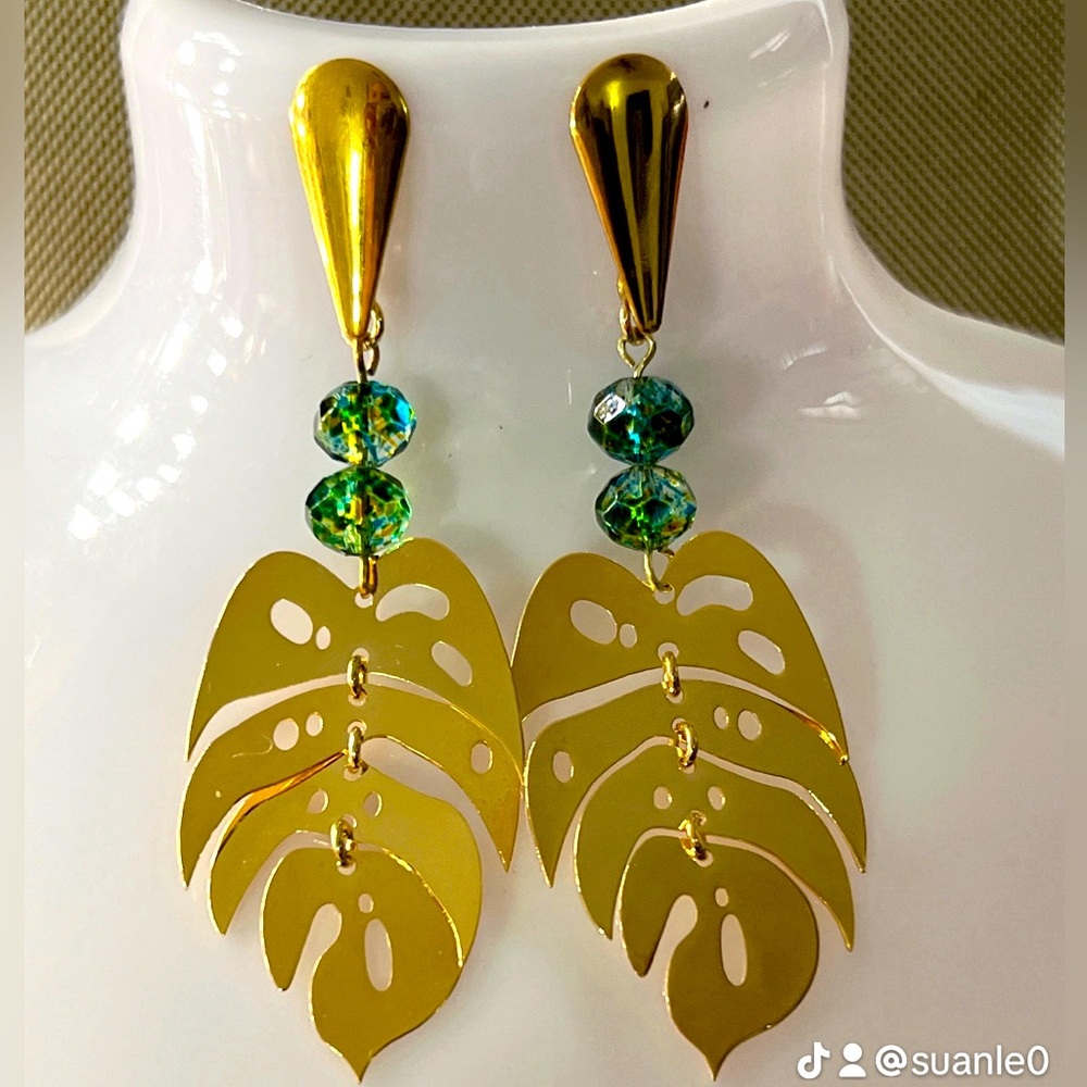 Gold Plated Monstera Leaf Earrings Green Crystal Beads large gold stud earrings